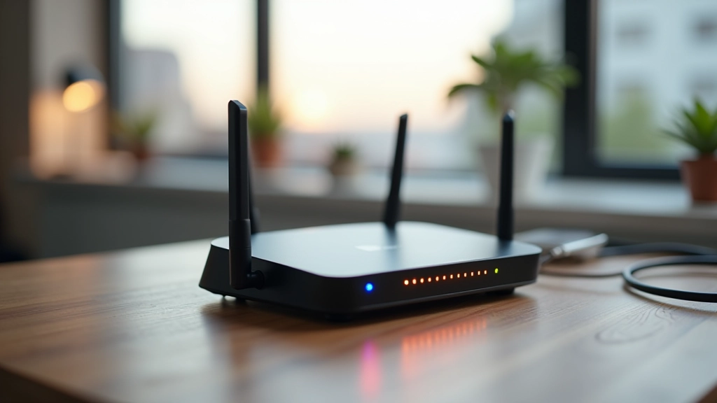 Router WiFi moderno en escritorio con luces LED indicadoras