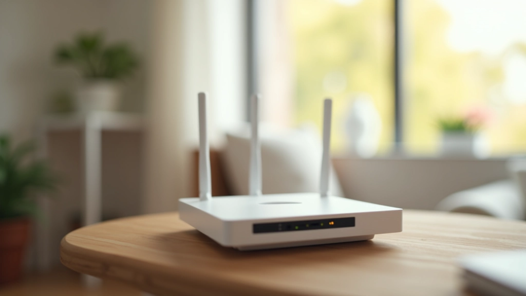 Router WiFi moderno en estantería elevada, ubicación central en sala de estar, antenas posicionadas verticalmente