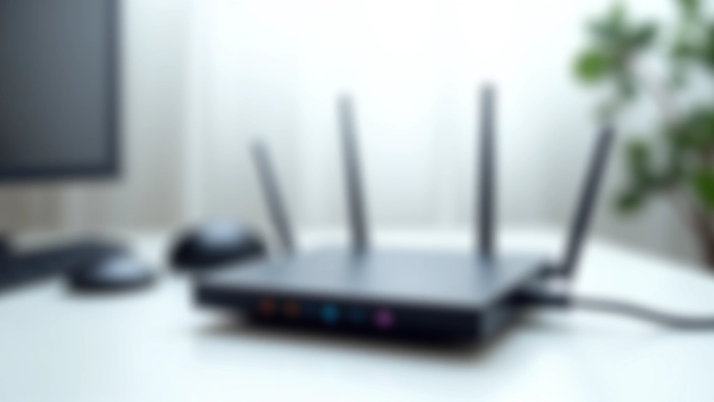 Router WiFi moderno con luces LED en escritorio de oficina, cables de red visibles