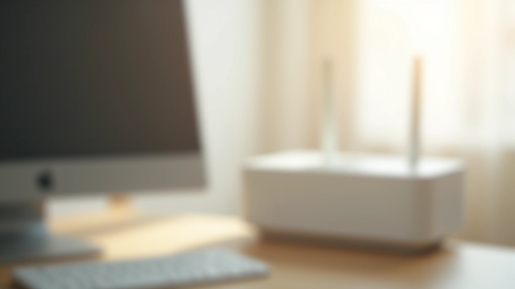 Escritorio de teletrabajador bien organizado con router WiFi elevado e impresora cercana